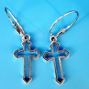 Silver Gothic Hollow Cross Earrings